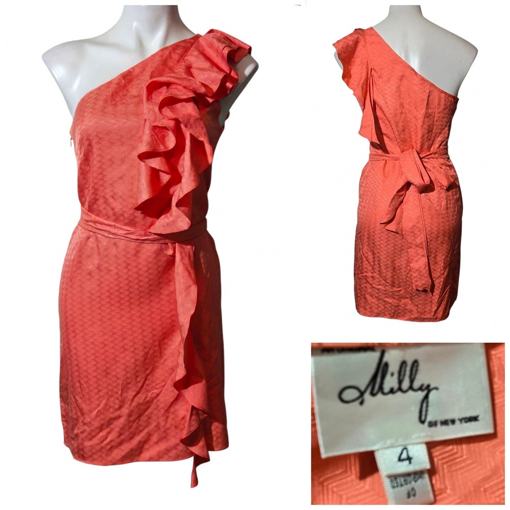 Milly of New York One Shoulder Ruffle Cocktail Dress Coral Chevron Size 4
